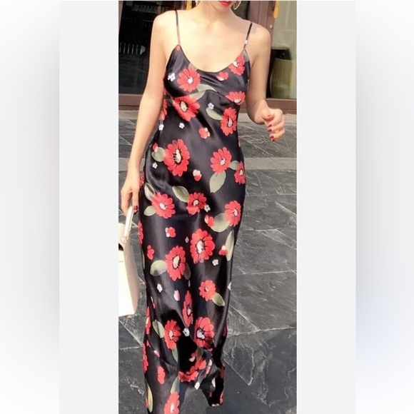 Realisation Par Dresses & Skirts - Realisation Par Black Satin Midi Slip Dress with Red Floral Print